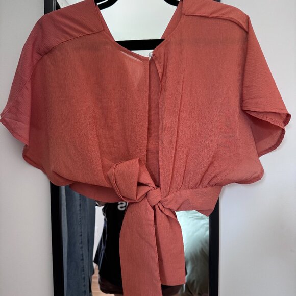 Chiffon Blouse Wrap Front V Neck Bow Tied Back Coral Color - Picture 3 of 4